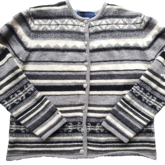 Karen Scott Cardigan Sweater Size L HOLES Gray 100% Wool Striped Button Up FLAWS - Picture 1 of 11